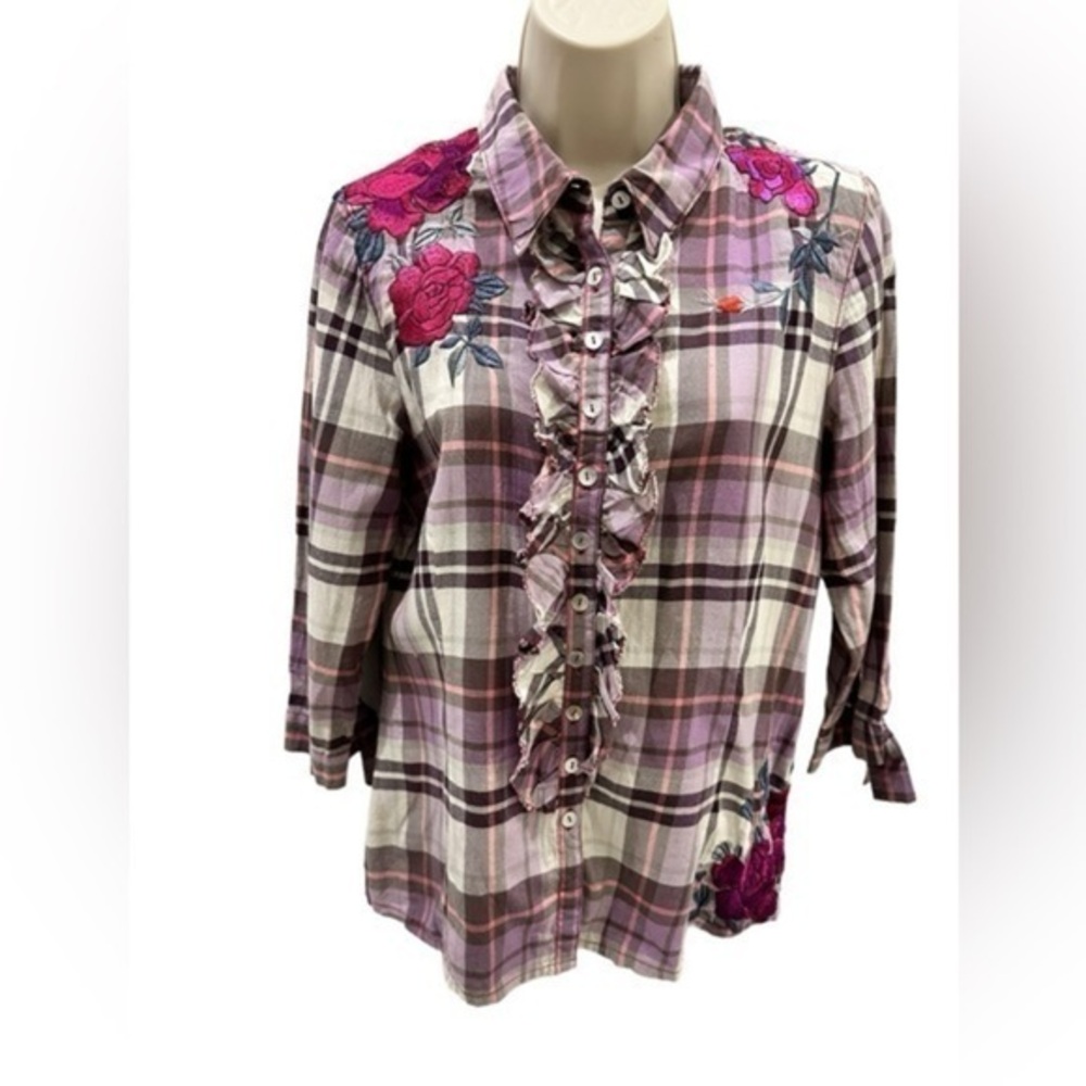 Johnny WAS 3J Workshop button down embroidered ruffled plaid top